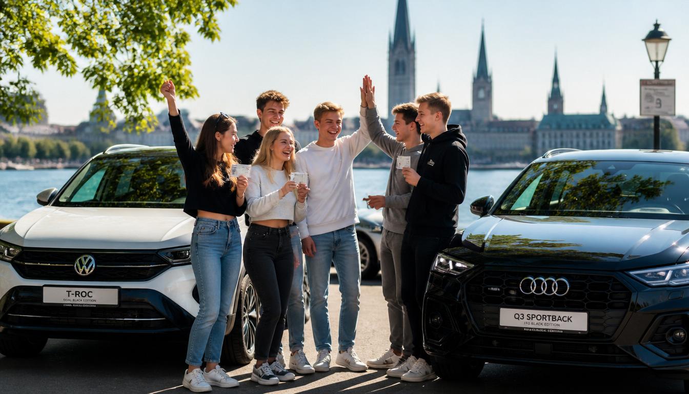 Glückliche Fahrschüler nach bestandener Prüfung neben unseren Premium-Fahrzeugen